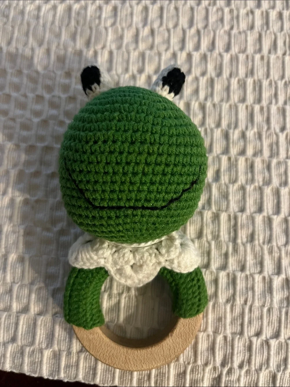 Handmade Green Crochet Frog Teething Rattle for Small Pets. New